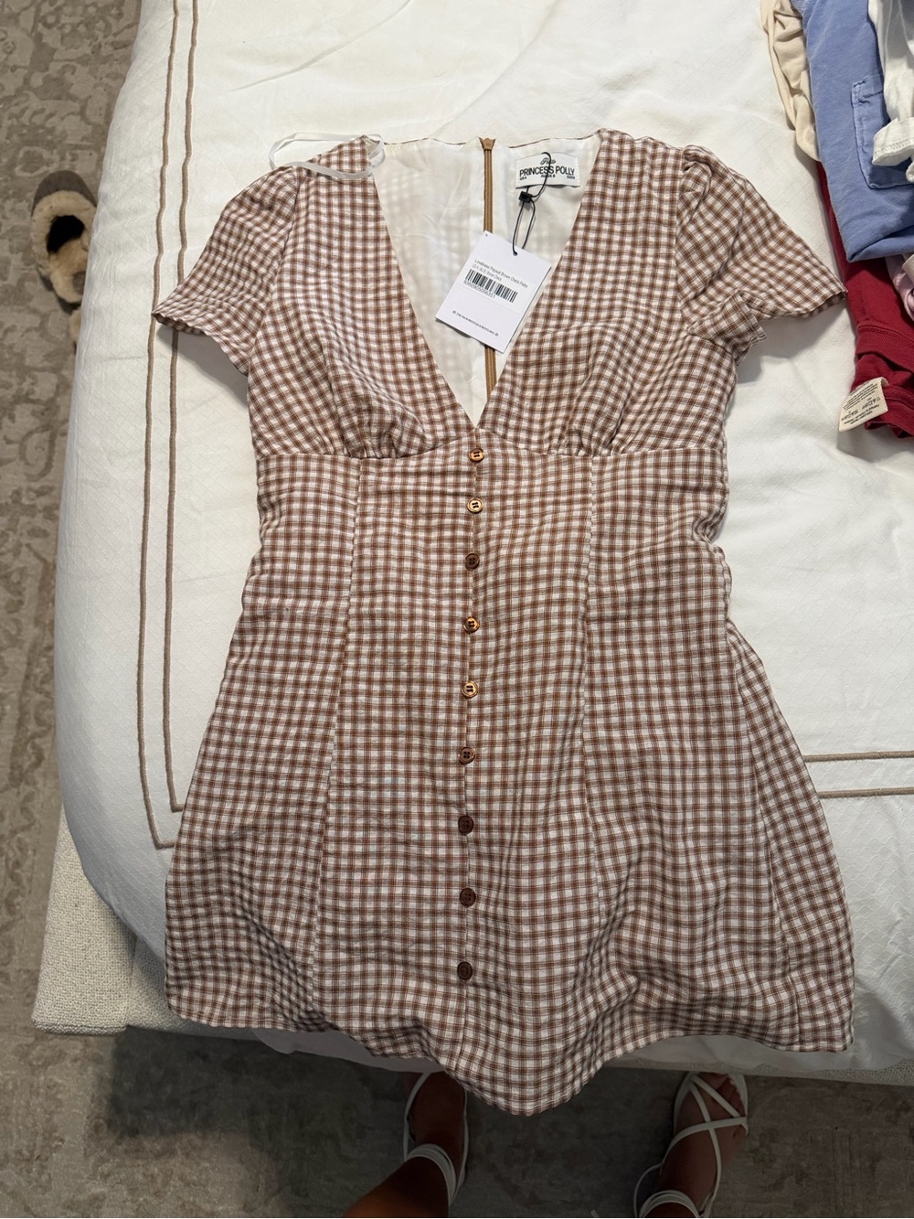 Princess Polly Tan Gingham Button-Front Mini Dress